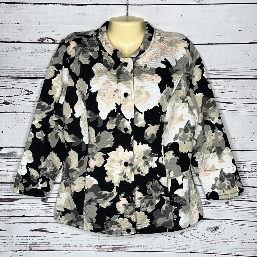 Isaac Mizrahi Live! Size L Watercolor Floral Print Quilted Snap Button Jacket